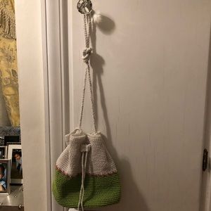 Green white and pink crochet shoulder bag